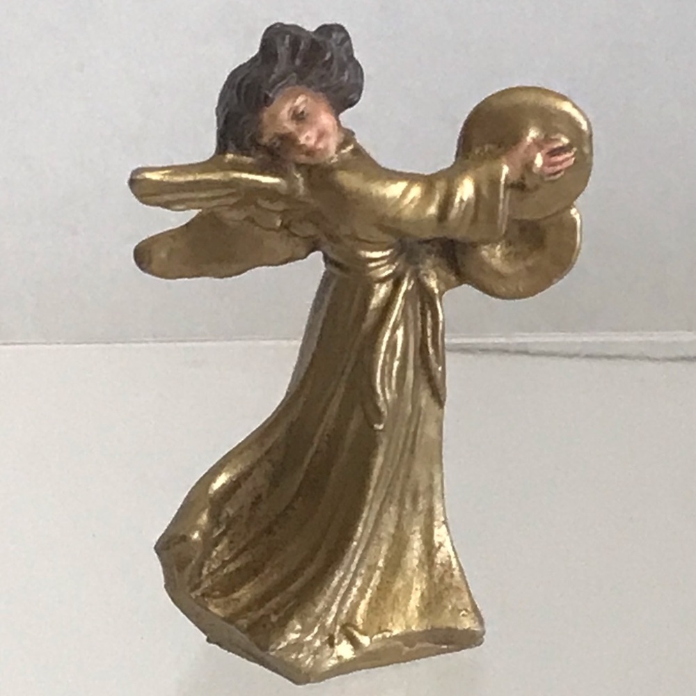Vintage Hard Plastic Gold Angel Playing Instrument Figurine - Made In Italy